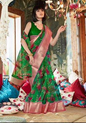 Green Machine Embroidered Organza Saree Set