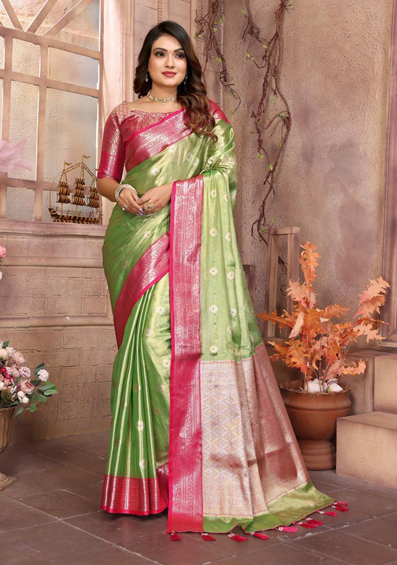 Light Green Zari Embroidered Tissue Unstitched Saree