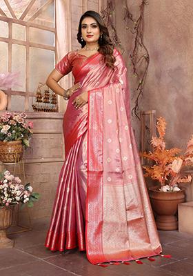 Peach Zari Embroidered Tissue Unstitched Saree