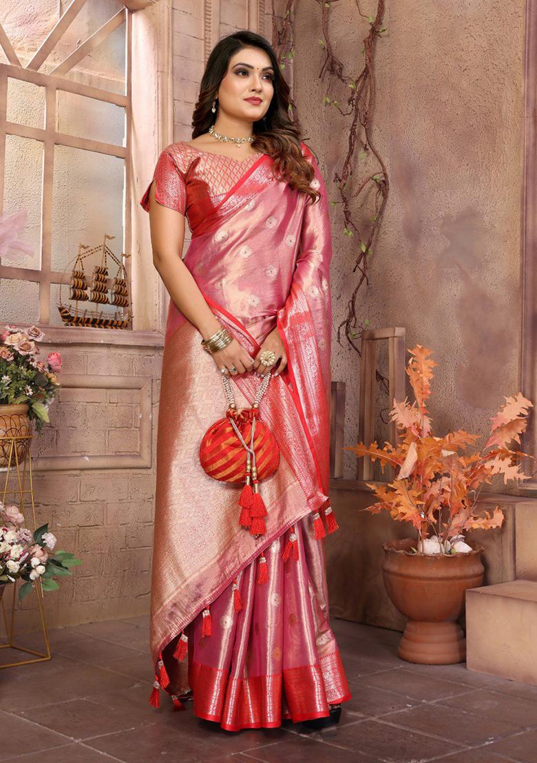 Peach Zari Embroidered Tissue Unstitched Saree