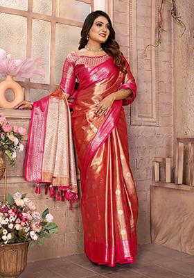 Pink Zari Embroidered Tissue Unstitched Saree