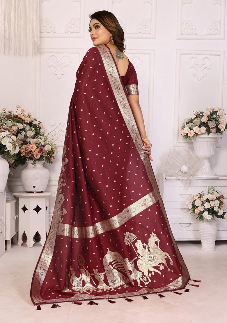 Brown Embellished Silk Unstitched Saree