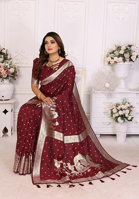 Brown Embellished Silk Unstitched Saree