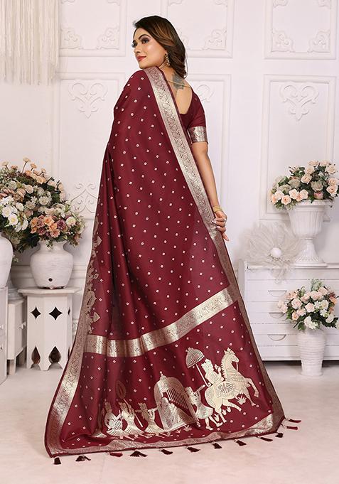 Brown Embellished Silk Unstitched Saree