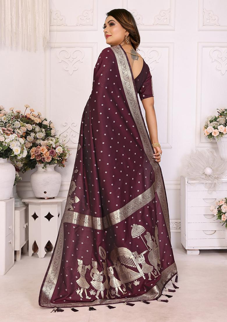 Dark Brown Embellished Silk Unstitched Saree