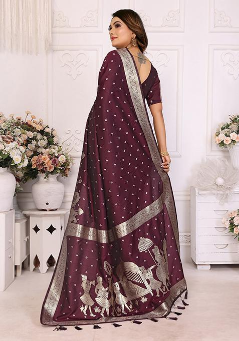 Dark Brown Embellished Silk Unstitched Saree