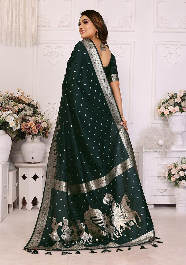 Dark Green Embellished Silk Unstitched Saree