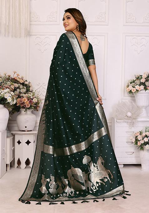 Dark Green Embellished Silk Unstitched Saree