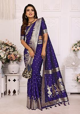 Navy Blue Embellished Silk Unstitched Saree