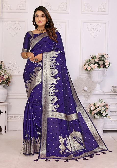Navy Blue Embellished Silk Unstitched Saree
