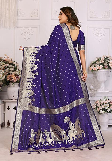 Navy Blue Embellished Silk Unstitched Saree