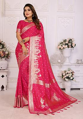 Rani Pink Embellished Silk Unstitched Saree