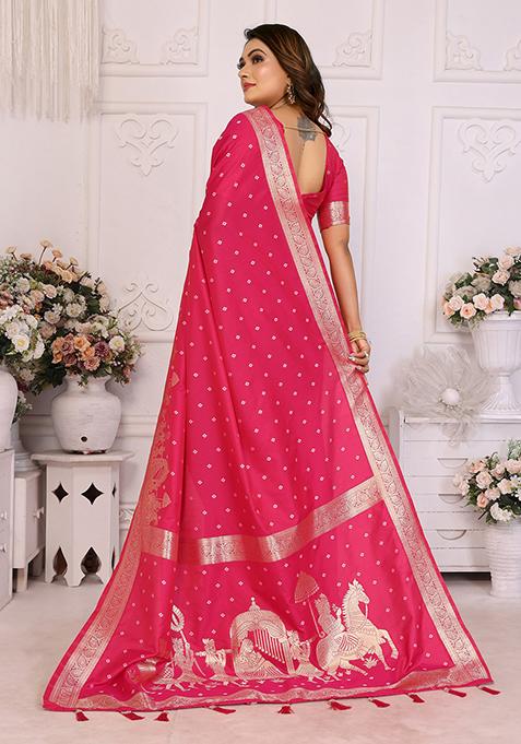 Rani Pink Embellished Silk Unstitched Saree