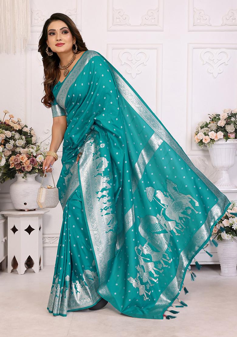Turquoise Embellished Silk Unstitched Saree