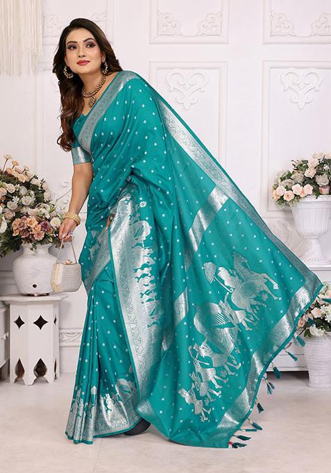 Turquoise Embellished Silk Unstitched Saree
