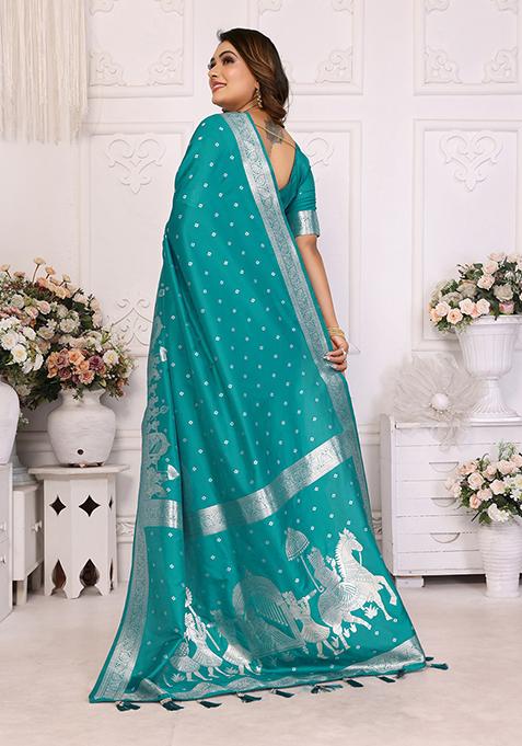 Turquoise Embellished Silk Unstitched Saree