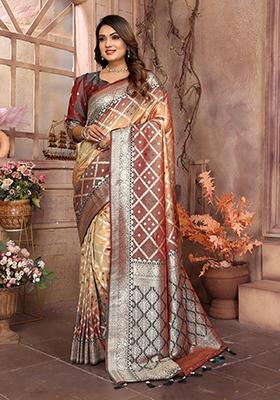 Brown Embellished Silk Unstitched Saree
