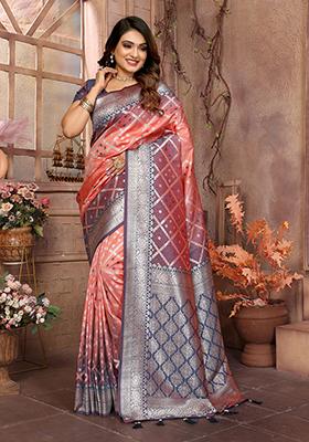 Peach Embellished Silk Unstitched Saree