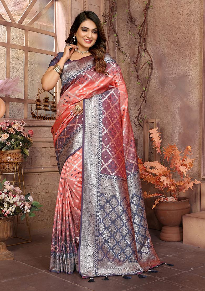 Peach Embellished Silk Unstitched Saree