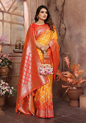 Yellow Embellished Silk Unstitched Saree