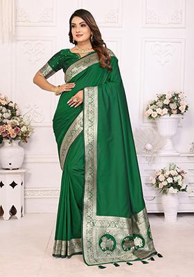 Dark Green Embellished Silk Unstitched Saree