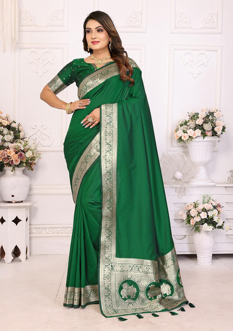 Dark Green Embellished Silk Unstitched Saree