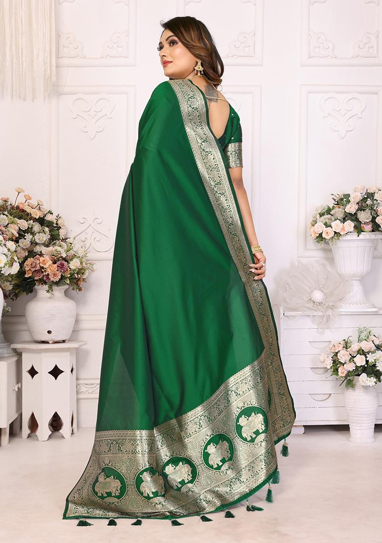 Dark Green Embellished Silk Unstitched Saree