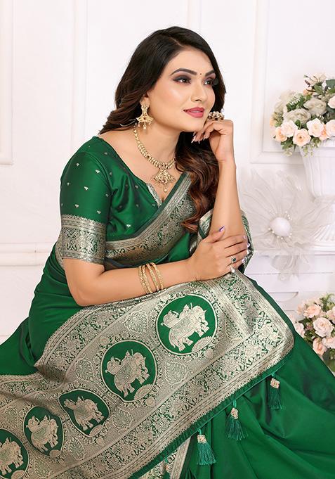 Dark Green Embellished Silk Unstitched Saree