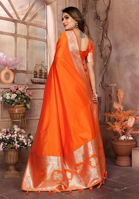 Dark Orange Embellished Silk Unstitched Saree