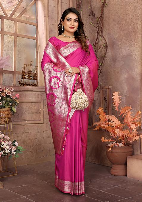 Dark Pink Embellished Silk Unstitched Saree