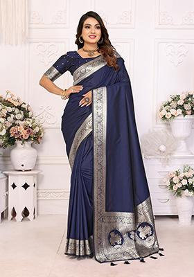 Navy Blue Embellished Silk Unstitched Saree
