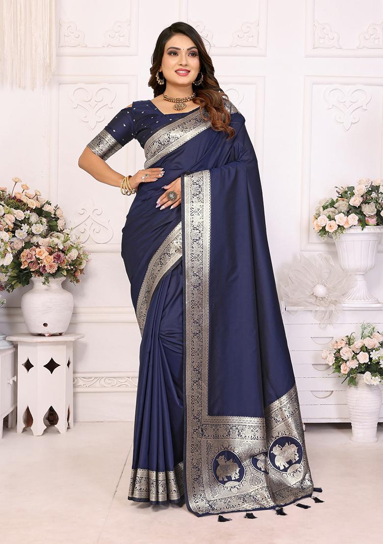 Navy Blue Embellished Silk Unstitched Saree