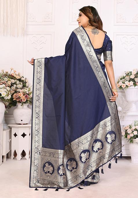 Navy Blue Embellished Silk Unstitched Saree