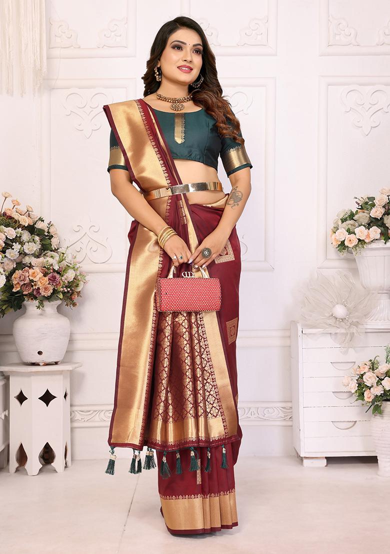 Brown Zari Embroidered Silk Unstitched Saree