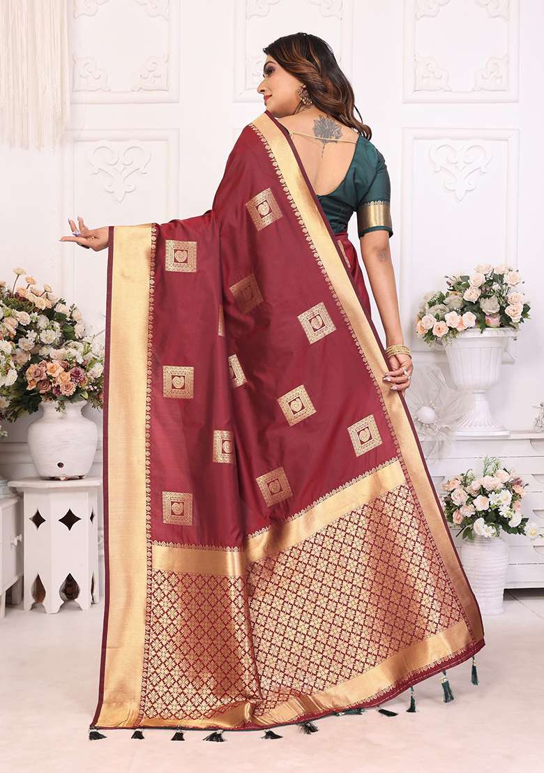 Brown Zari Unstitched Silk Blend Saree with Embroidered for Diwali | Wedding & Festive Wear - Indya