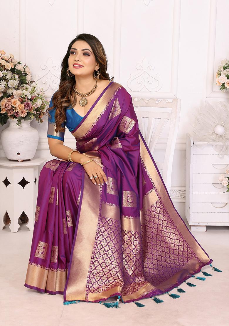 Purple Zari Embroidered Silk Unstitched Saree