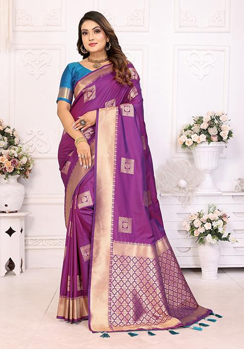 Purple Zari Embroidered Silk Unstitched Saree