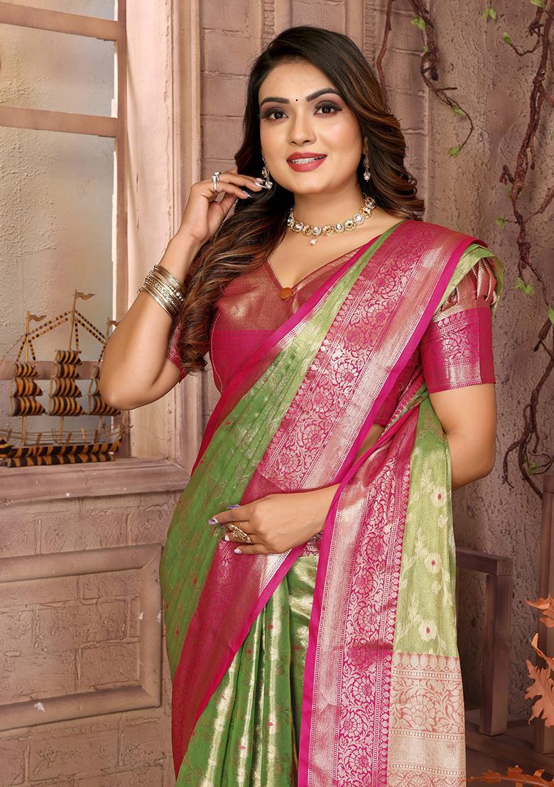 Light Green Zari Embroidered Tissue Unstitched Saree