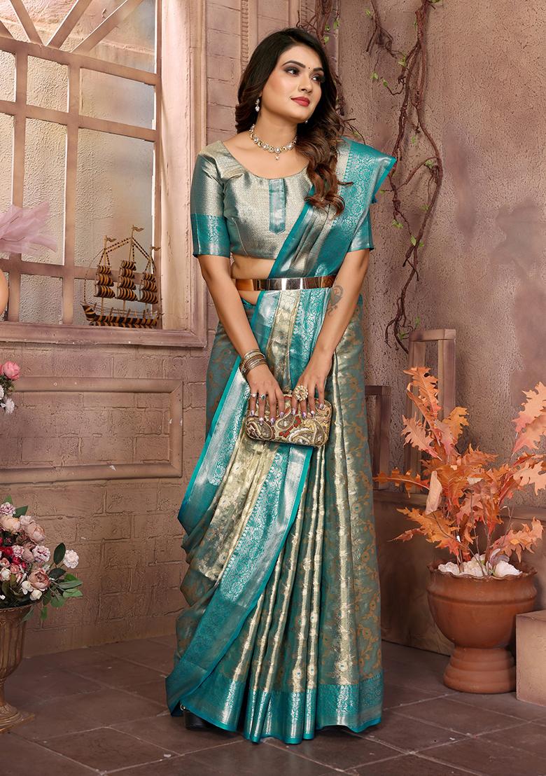 Blue Zari Embroidered Tissue Unstitched Saree
