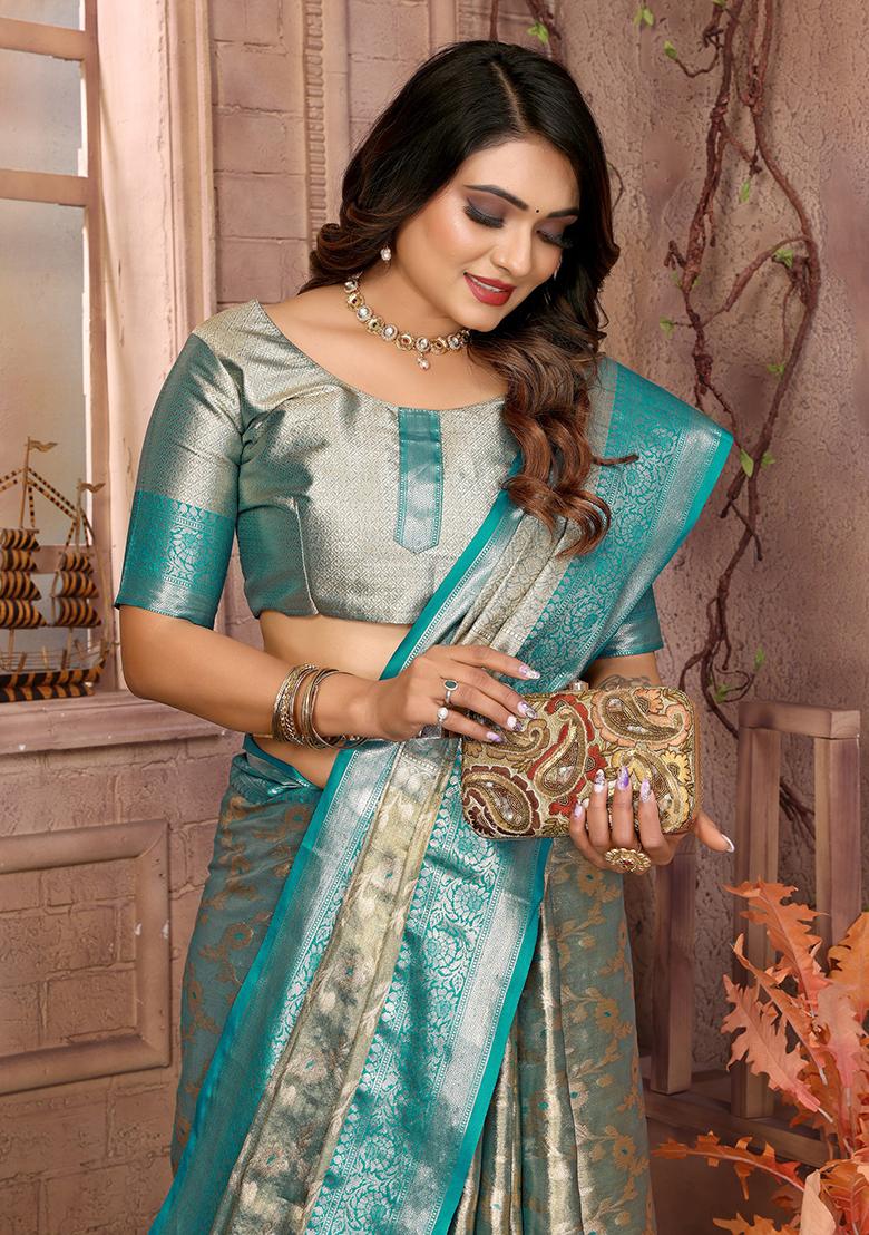 Blue Zari Embroidered Tissue Unstitched Saree