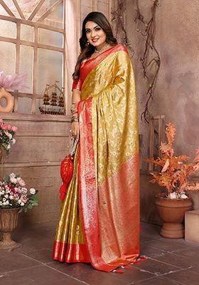 Golden Zari Embroidered Tissue Unstitched Saree