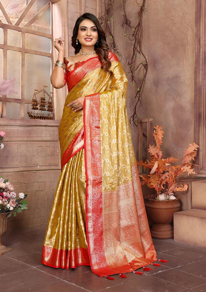 Golden Zari Embroidered Tissue Unstitched Saree