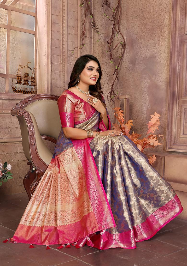 Lavender Zari Embroidered Tissue Unstitched Saree