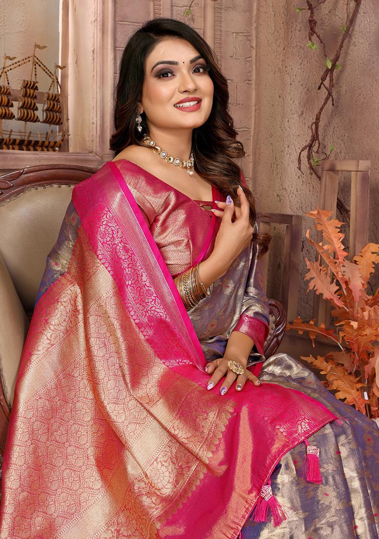 Lavender Zari Embroidered Tissue Unstitched Saree
