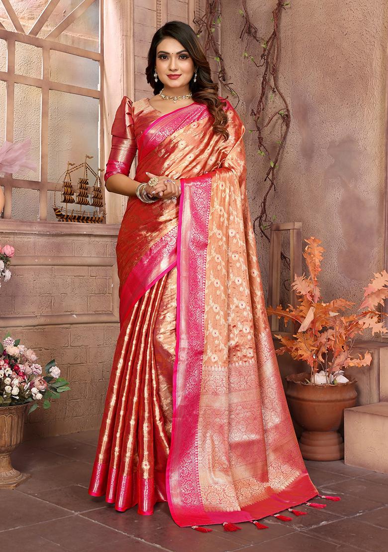 Orange Zari Embroidered Tissue Unstitched Saree