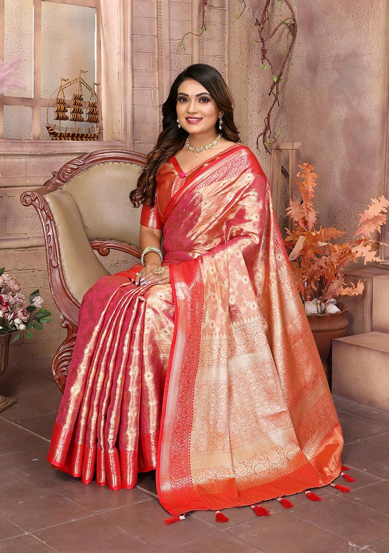 Pink Zari Embroidered Tissue Unstitched Saree