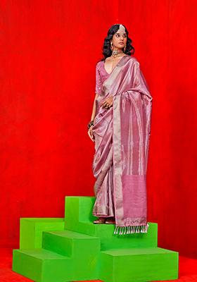 Light Pink Zari Embroidered Tissue Saree