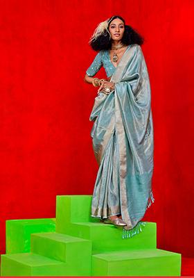 Light Blue Zari Embroidered Tissue Saree