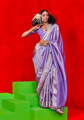 Light Purple Zari Embroidered Tissue Saree