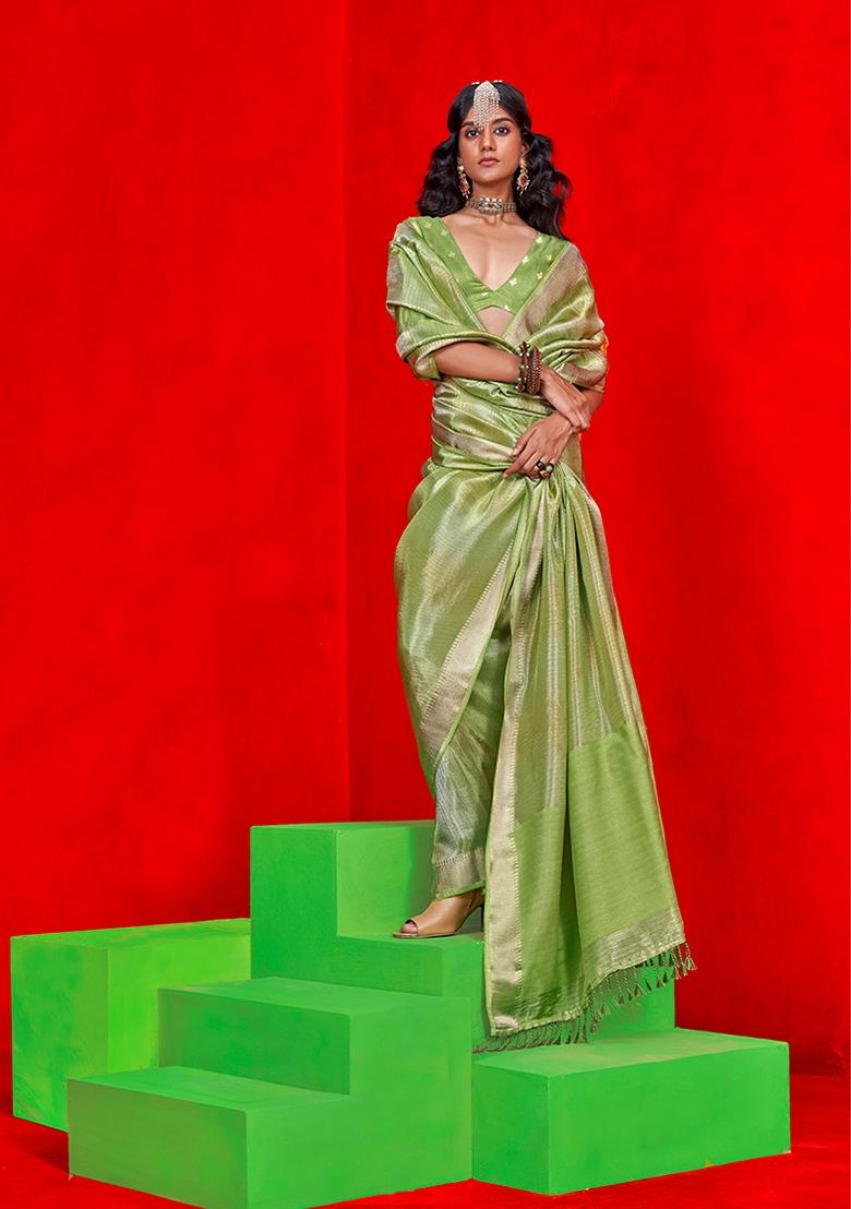 Parrot Green Zari Embroidered Tissue Saree